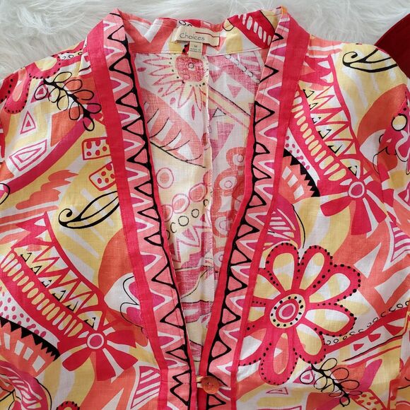 Choices Womens Linen Blazer Top Size M Pink Floral 3/4 Sleeve 1-Button Hippie - Picture 5 of 10